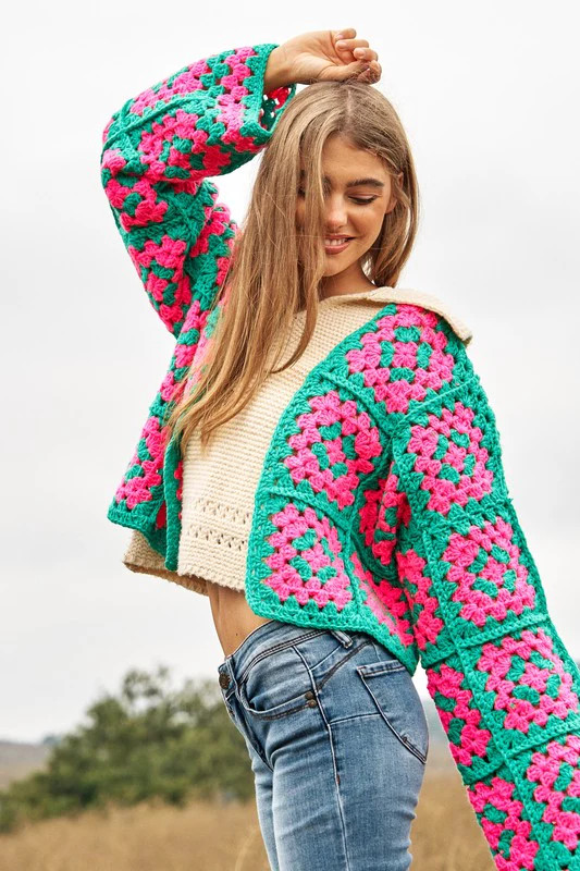 Two-Tone Floral Square Crochet Open Knit Cardigan|Casual Chic Boutique | PINK GREEN / S | Casual Chic Boutique