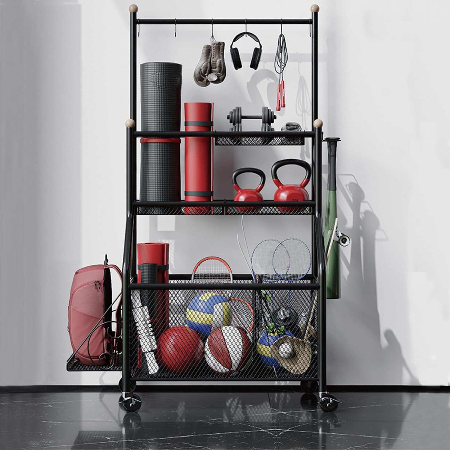 Home Gym Storage Rack, Yoga Mat Weight Rack with Lockable Wheels & Adjustable Hooks Weight Stand ... | Amazon (UK)