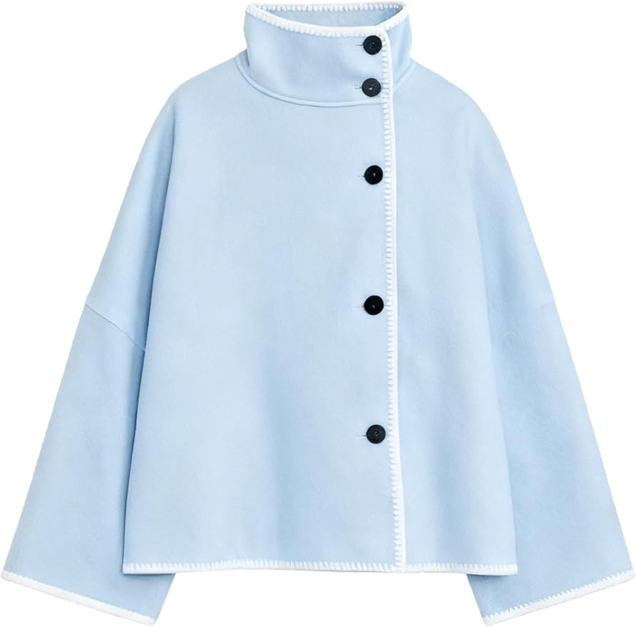 Womens Stand Collar Wool Coat Oversized Contrast Stitching Button Down Cropped Wool Blend Jacket ... | Amazon (US)