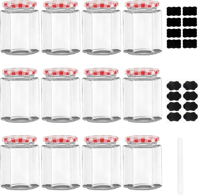 Glass Jam Jars with Lids, 280ml / 9oz Hexagonal Storage Glass Jars with Screw Top Red Gingham Lid... | Amazon (US)