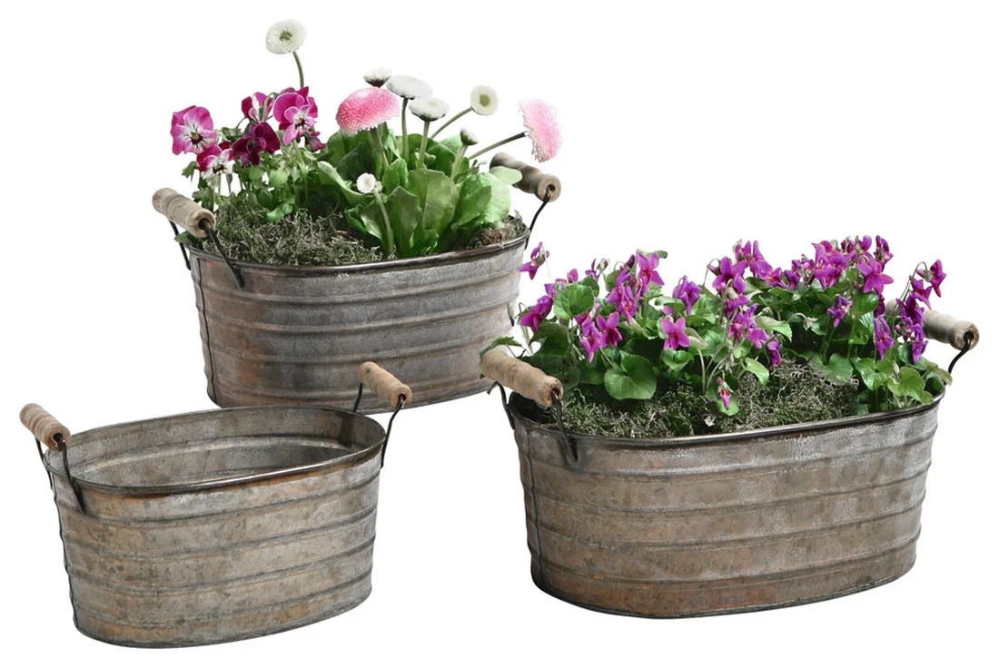Westcharm Metal Planter Tubs with Wooden Handles Galvanized Buckets Rustic Containers, Set of 3 (... | Walmart (US)