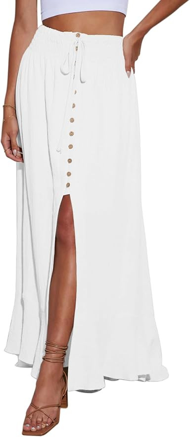Minclouse Women's Elastic Tie Waist Button Down Maxi Skirts Casual Loose Flowy Swing Slit Front D... | Amazon (US)
