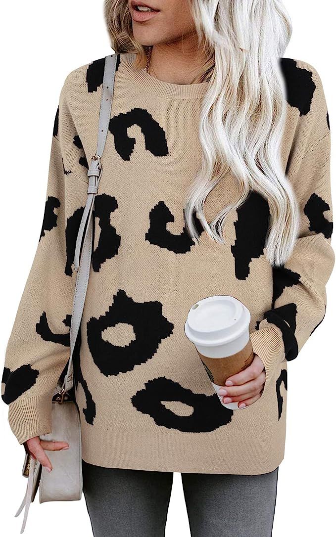 LAISHEN Women's Casual Leopard Print Sweater Loose Long Sleeve Crew Neck Knit Pullover Tops | Amazon (US)