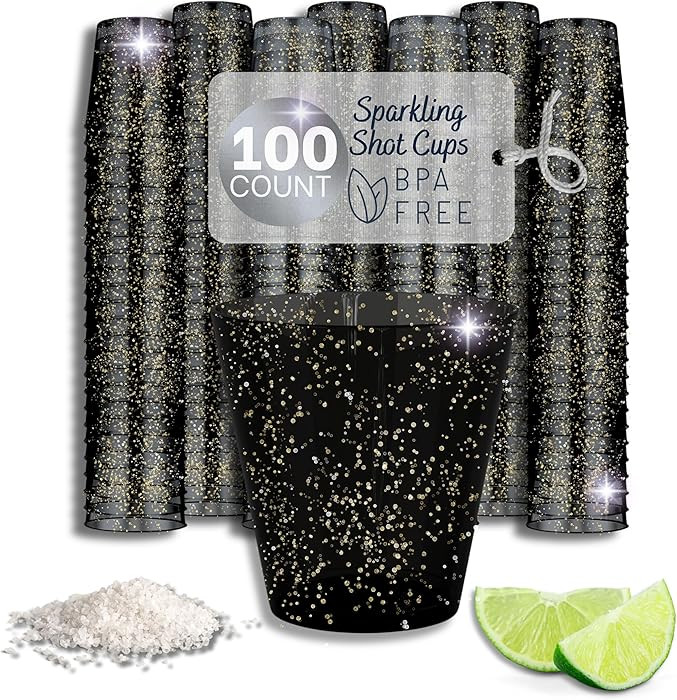 Stumbelina 100 BLACK & GOLD SPARKLE SHOT GLASSES | 1oz Disposable Drink Party Cups |Plastic Shiny... | Amazon (US)
