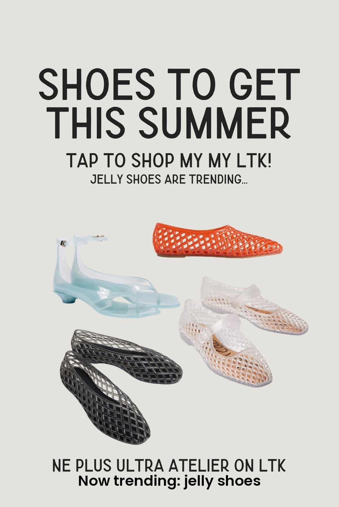Jelly shoes are back in a big way — and these modern styles are a Pinterest fave. From clear flats to colorful cutouts, they’re fun, comfy, and perfect for your summer outfit rotation. Tap to shop the look via Ne Plus Ultra Atelier on LTK.
#JellyShoes #ShoesToGet #SummerOutfits #OutfitsAesthetic #LTKStyle

#LTKSeasonal #LTKStyleTip #LTKTravel