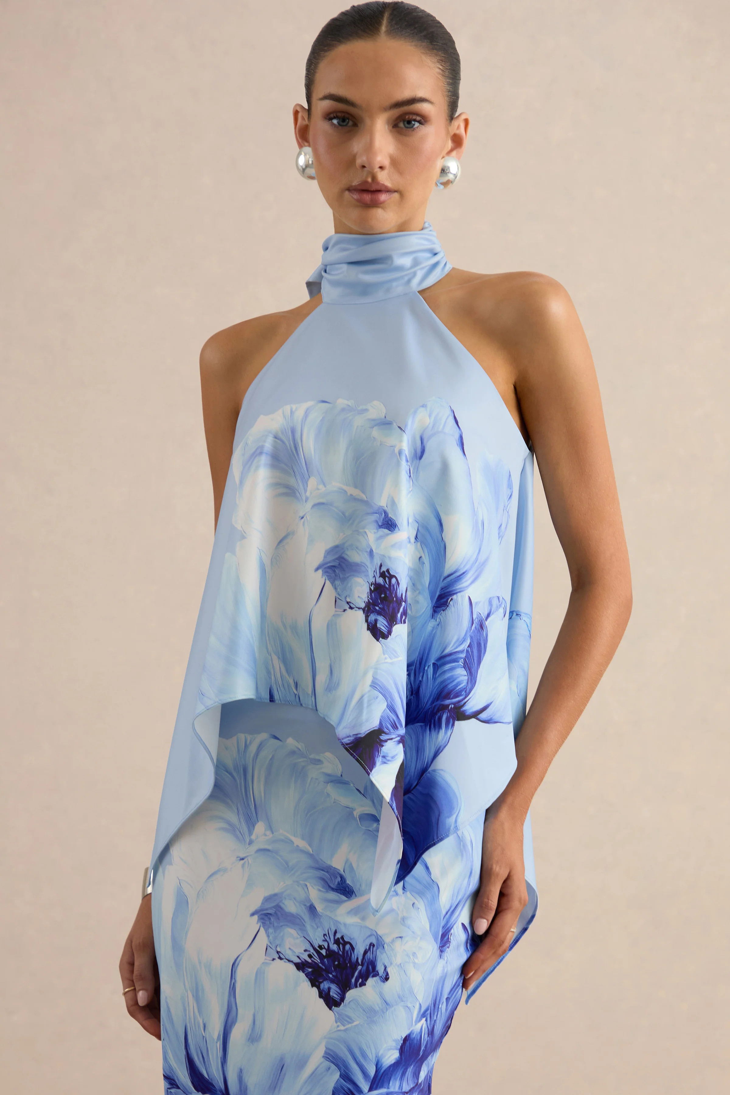 Sancelle | Blue Border Floral Print Matte Satin Halter-Neck Top | Club L London
