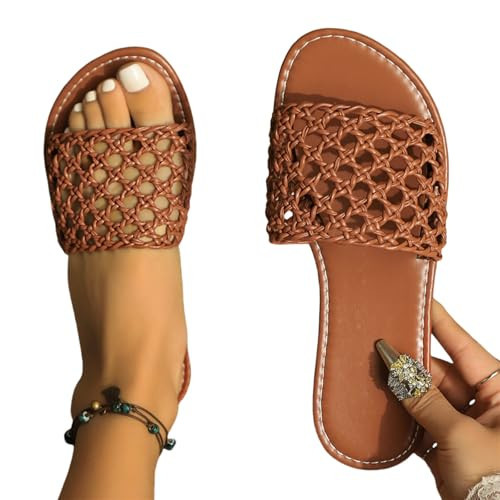 Woven Sandals Women Dressy Fashion Comfortable Casual Vacation Open Toe Slip on Flat Sandals Summer Braided Beach Slippers | Amazon (US)