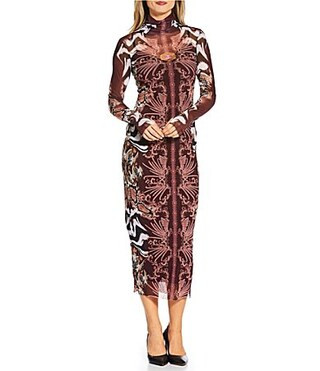 AFRM Shailene Mesh Printed Turtle Neck Long Sleeve Midi Dress - M | Dillard's