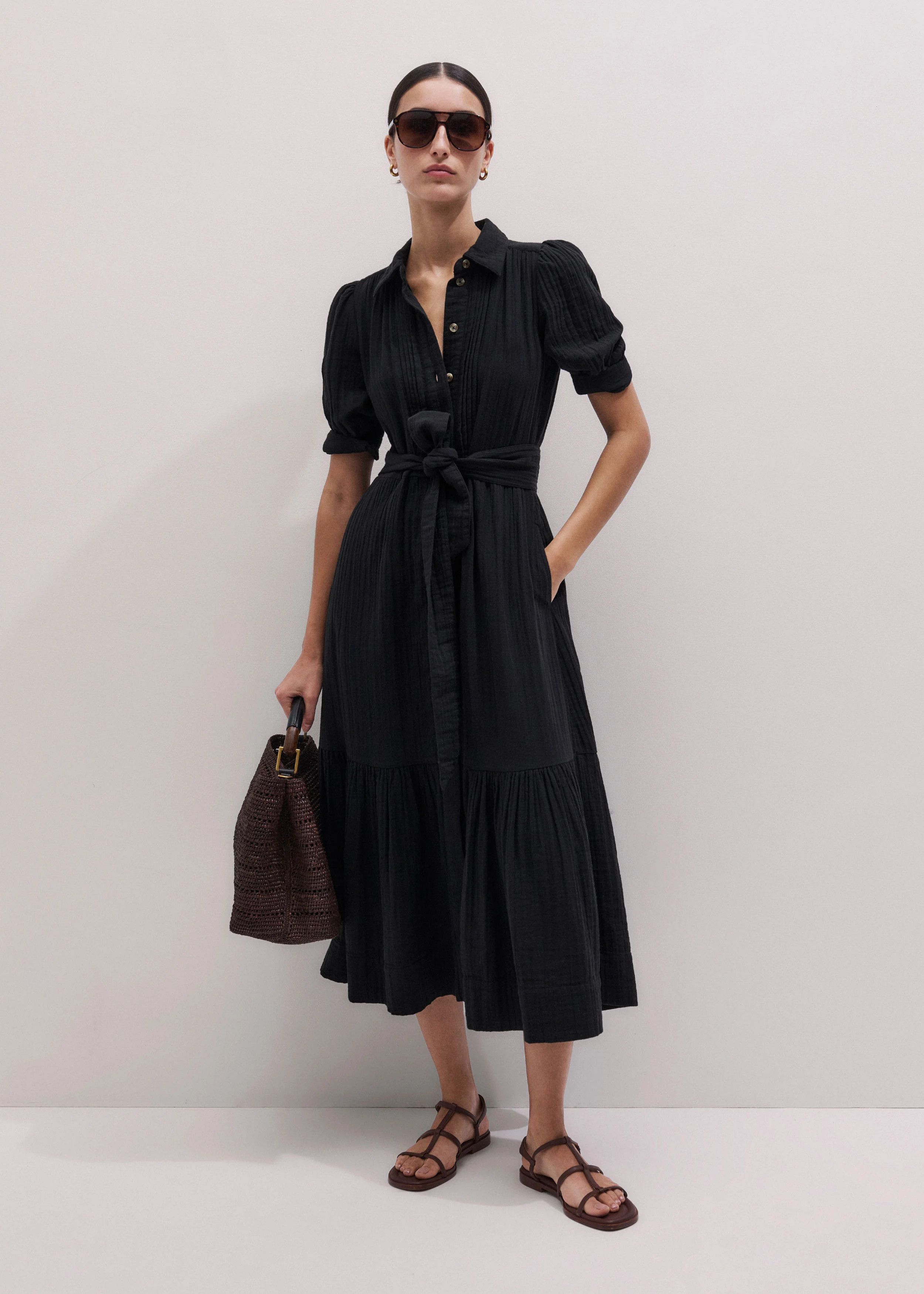 Women's Black Cheesecloth Midi Shirt | ME+EM | ME+EM Global (Excluding US)