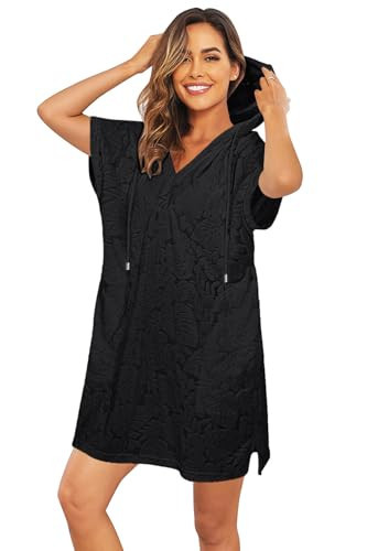 Pinup Fashion Terry Cloth Swim Cover Up Women Black 2026 Bathing Suit Hooded Sun Coverup Beach Robe with Pockets S | Amazon (US)
