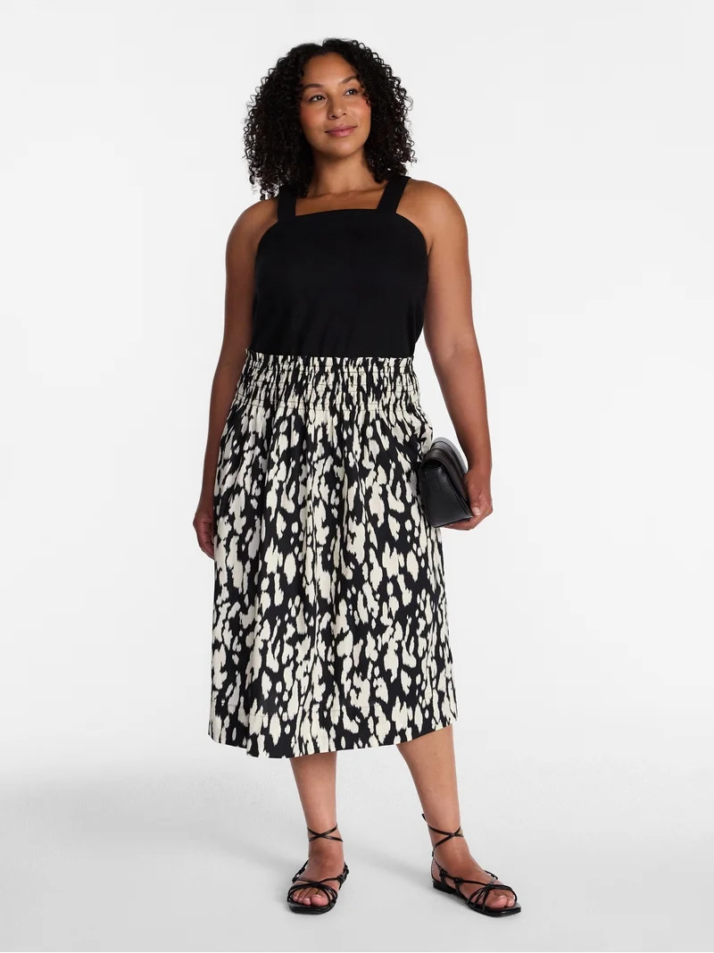 Time and Tru Women's Smocked Waist Cotton Midi Skirt, Sizes XS-XXXL | Walmart (US)