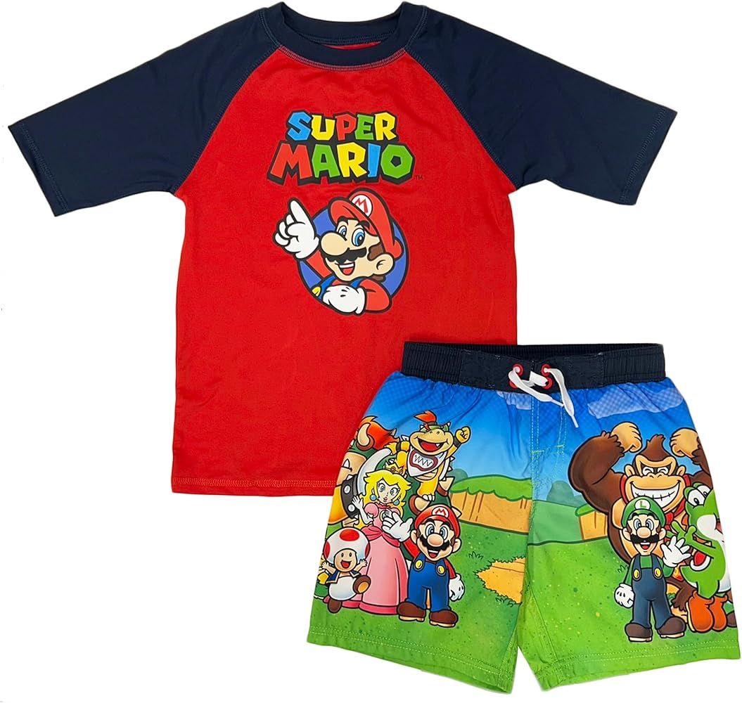 Super Mario Boys Swim Trunks & Rashguard 2-Piece Set | Amazon (US)