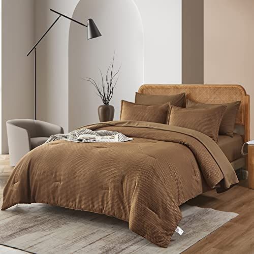 Luxudecor Brown Comforter Set Queen Brown Waffle Weave Comforter Vintage Bedding Set Soft Fluffy ... | Amazon (US)
