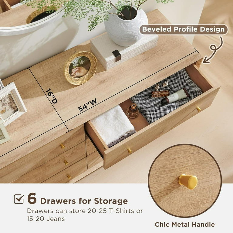 OKD Mid Centry Modern 6 Drawer Dresser for Bedroom, Living Room, Hallway, Kids Bedroom,54'' wood ... | Walmart (US)