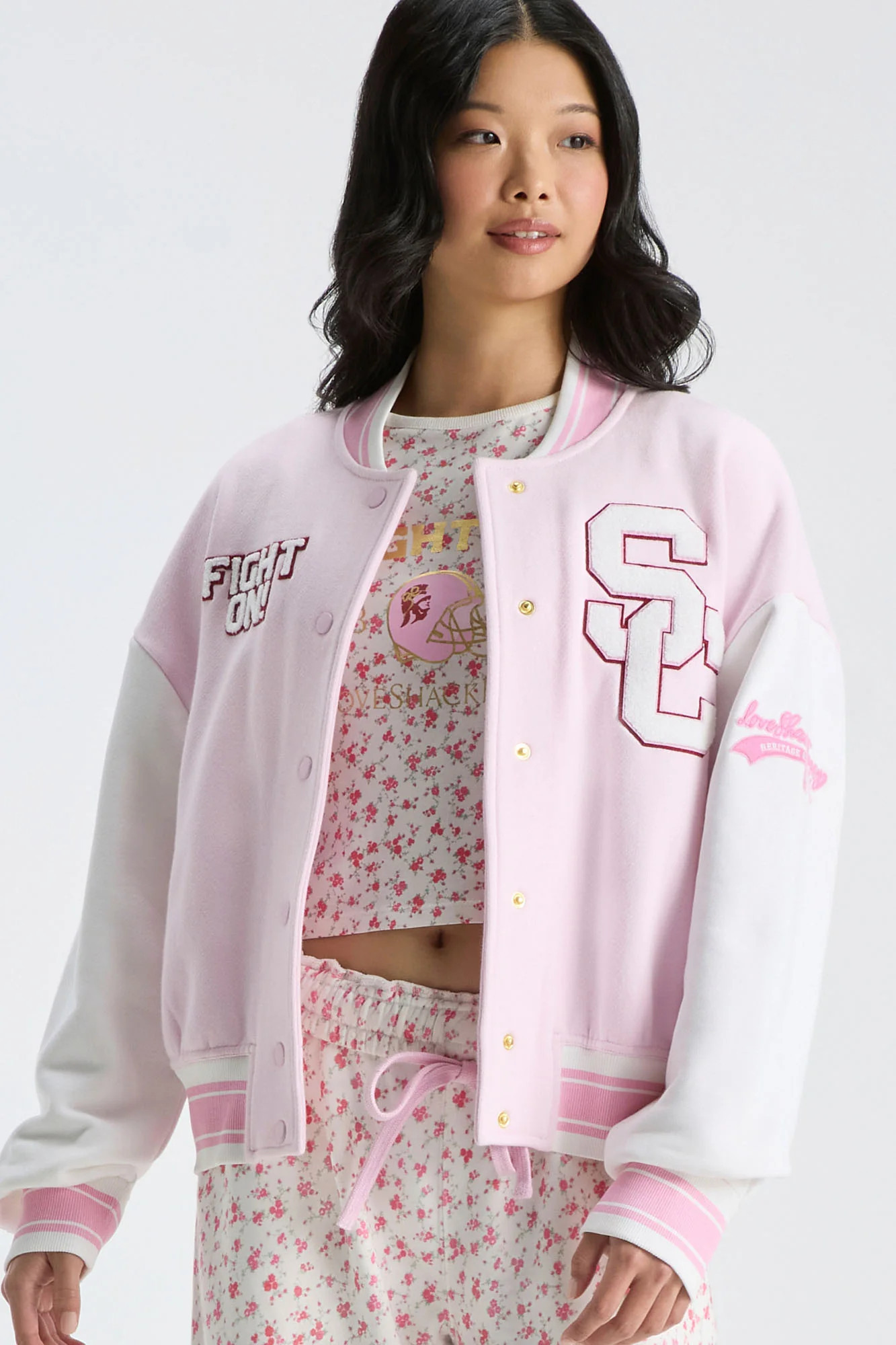 Fanatics x LoveShackFancy Collegiate Varsity Jacket USC PINK / XS | LoveShackFancy
