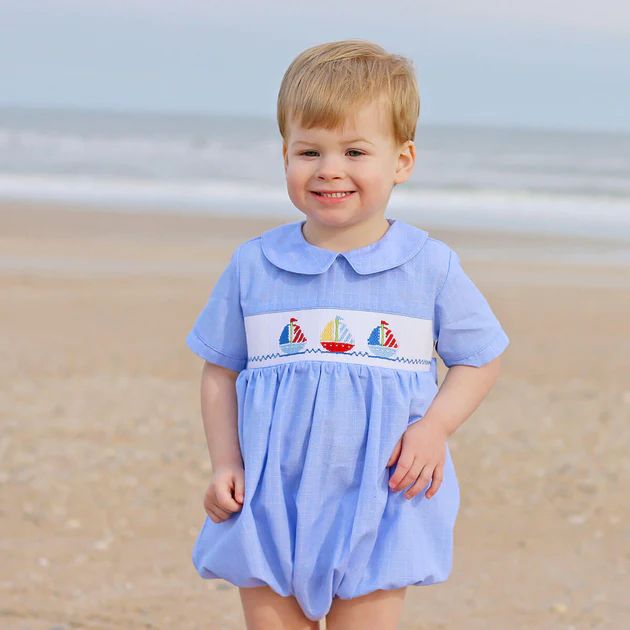 Sailing Away Blue Plaid Smocked Collared Bubble | Classic Whimsy