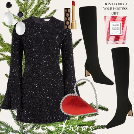 Party dress with bell sleeves is so chic and checks all the boxes! 
Love the red bag too! 
Don’t forget a hostess gift! The candy cane candle is so pretty and is a thoughtful gift 🎁 

#LTKHoliday #LTKparties #LTKCyberWeek