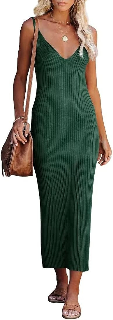 Lacozy Women's 2023 Summer Bodycon Midi Dress Sexy V-Neck Sleeveless Sweater Dress Casual Tank Top D | Amazon (US)