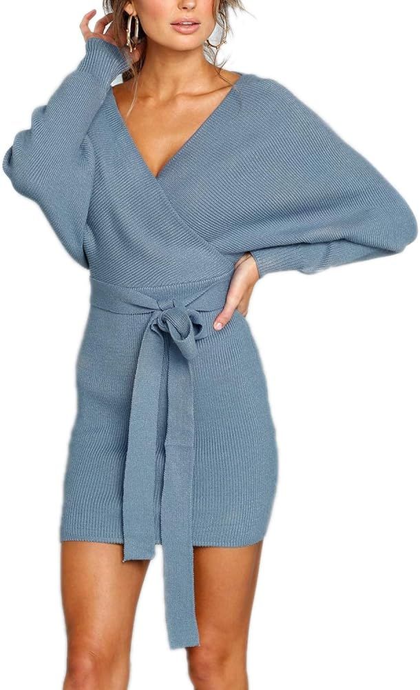 Mansy Women's Sexy Cocktail Batwing Long Sleeve Backless Mock Wrap Knit Sweater Mini Dress | Amazon (US)