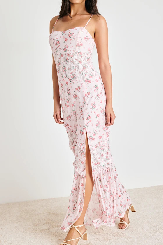 Kasha Light Pink Floral Asymmetrical Maxi Dress | Lulus