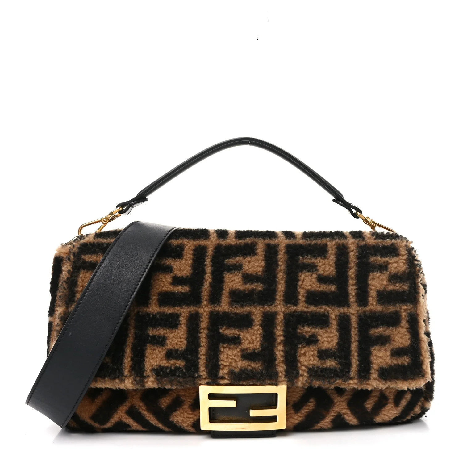 Shearling Vitello Dolce Macro FF 1974 Large Baguette Tobacco Black | FASHIONPHILE (US)