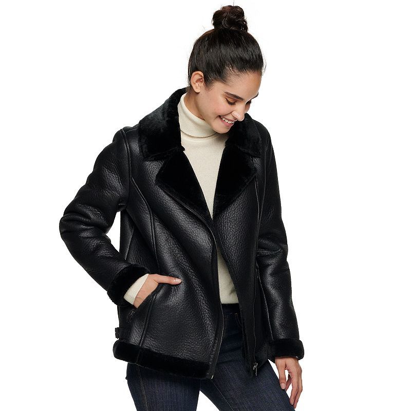 Women's Sebby Collection Faux-Shearling Moto Jacket, Size: Large, Black | Kohl's