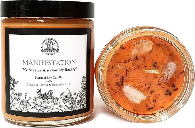 Manifestation Affirmation Candle 8 oz Natural Soy Wax with Citrine Crystals, Herbs & Essential Oi... | Amazon (US)