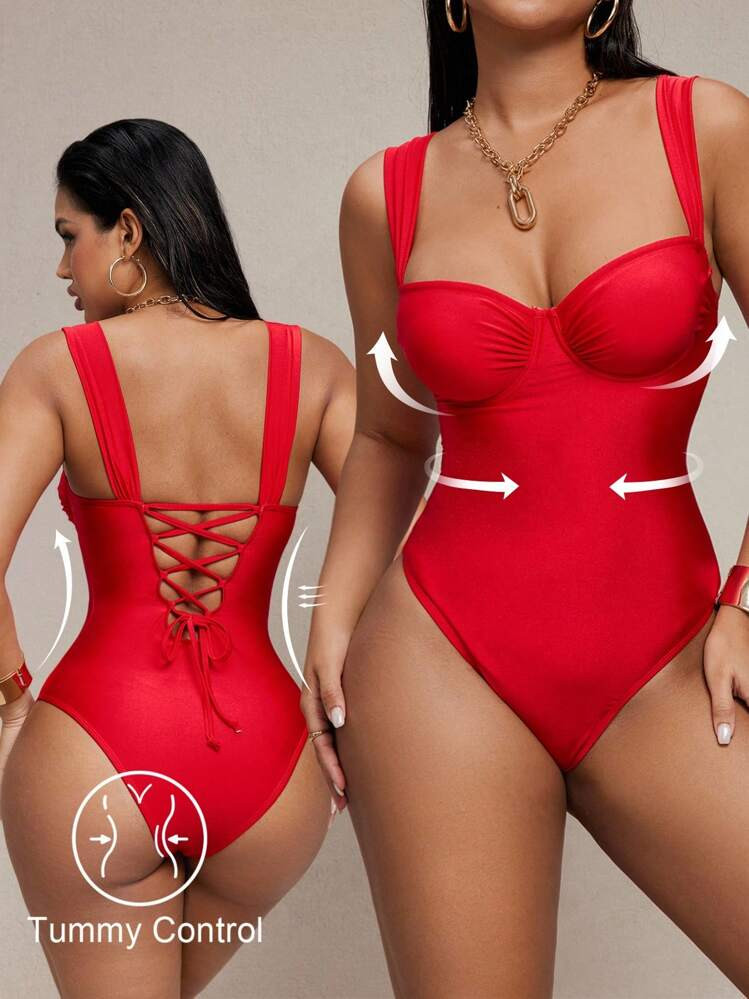 Shapewave Plus Size Women Shiny Fabric Ruched Tummy Control Wrap One-Piece Swimsuit, Elegant Casual For Spring Summer Beach Party Holiday | SHEIN