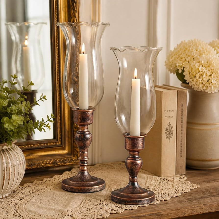Volens Set of 2 Hurricane Glass Candle Holders with Iron Base & Glass Dome | Amazon (US)