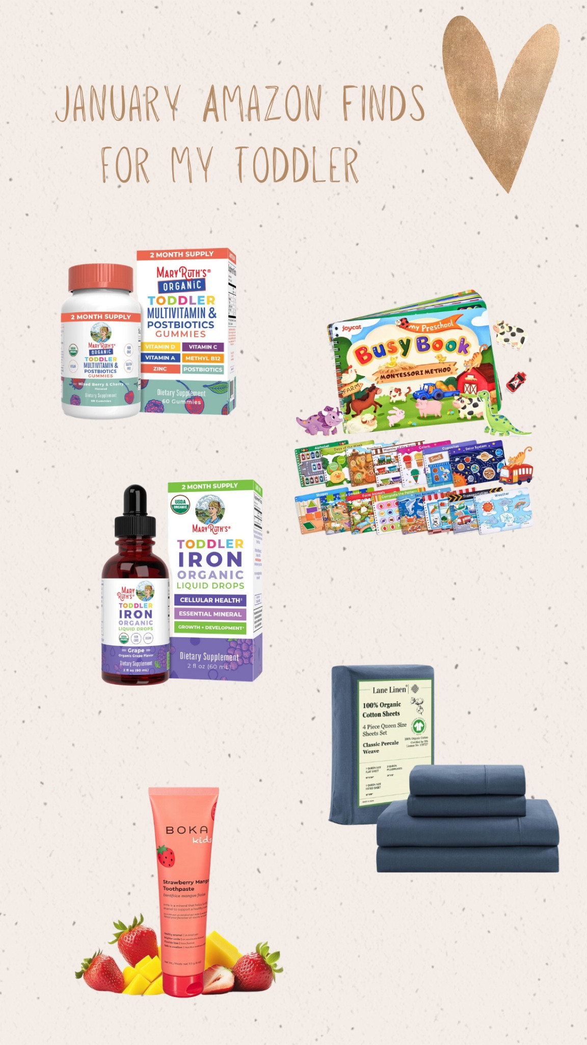 Recent Amazon Finds for my toddler | Toddler Finds | Mary Ruth Organics | Organic Cotton Sheets | Toddler Activity Book | Toddler Toothpaste 

#LTKFindsUnder50 #LTKBaby #LTKKids