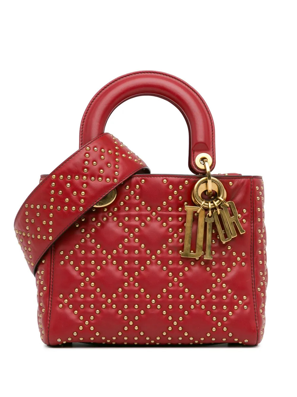 Christian Dior Pre-Owned 2017 Small Lambskin Cannage Studded Supple Lady Dior satchel - Red | Farfetch Global