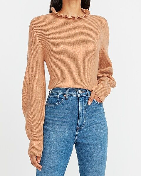 Ribbed Ruffle Neck Balloon Sleeve Sweater | Express