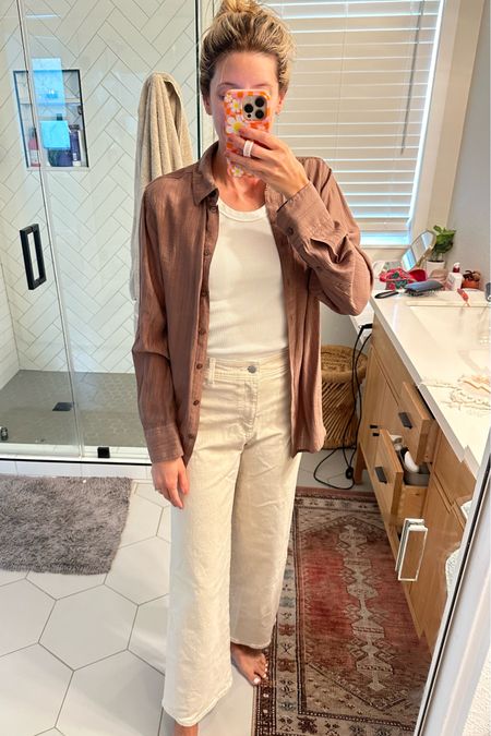Spring outfit casual outfit, target outfit, wide leg cream denim, button down blouse, neutral spring outfit 

#LTKstyletip #LTKSeasonal #LTKfindsunder50