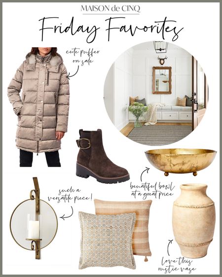 Today on Friday Favorites we’ve got great winter gear, new decor from Studio McGee Target, lots on sale at Ballard Designs
Home decor, Winter outfit, puffer coat, boots, booties, vase, rustic vase, bowl, brass sconce, throw pillows 

#LTKunder50 #LTKSeasonal #LTKhome