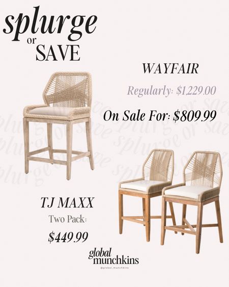 Splurge or Save on my countertop stools! My stools are currently 34% off at Wayfair but we found a dupe set of two chairs at TJMaxx! Perfect chairs to upgrade your kitchen 

#LTKhome #LTKsalealert