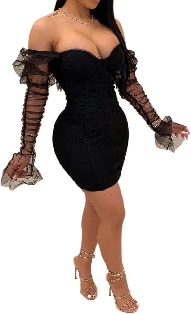 Uni Clau Women Sexy Mesh Sheer Puff Long Sleeve Mini Dress Bodycon Deep V Neck Patchwork Party Cl... | Amazon (US)
