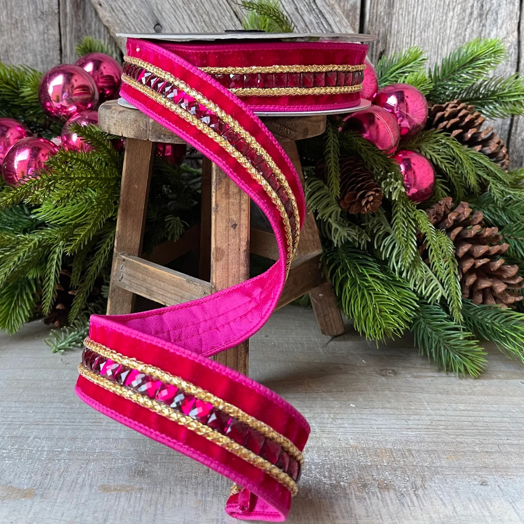 1.5 Hot Pink Gemstones, Farrisilk, Pink Jeweled Ribbon, Hot Pink Ribbon, Pink Christmas Ribbon, D... | Etsy (US)