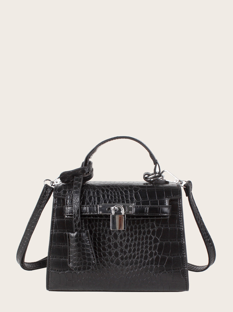 Metal Lock Decor Croc Embossed Satchel Bag | SHEIN
