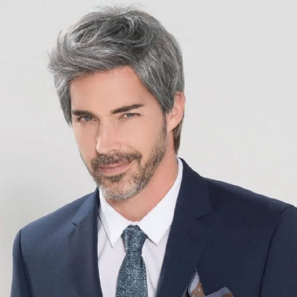 YYHR Short Straight Male Wig Silver Gray Synthetic Wigs Side Part Heat Resistant Fiber Hair Wig F... | Amazon (US)