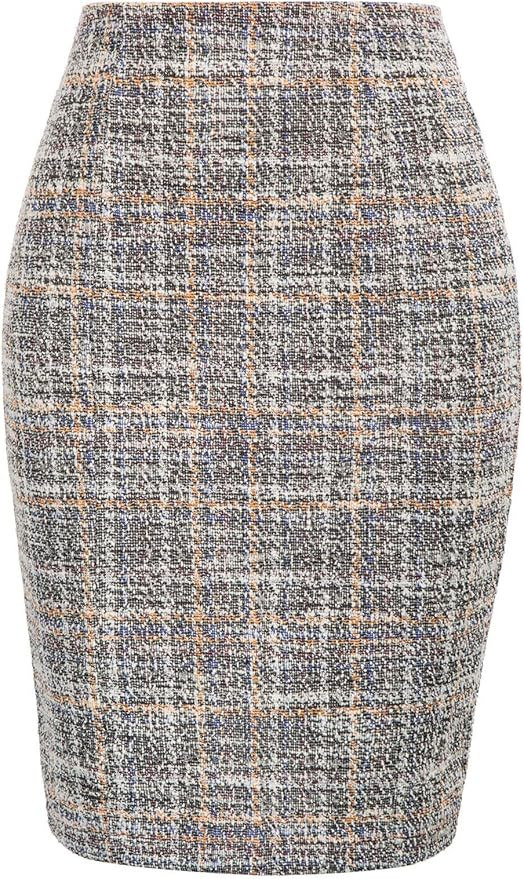 Kate Kasin Womens Knee Length Elastic Waist Stretchy Bodycon Business Tweed Pencil Skirt | Amazon (US)