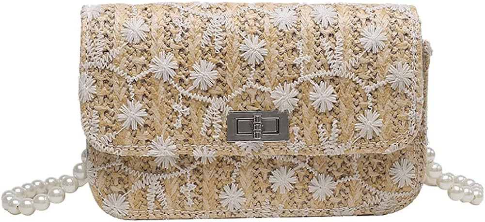 Women Straw Bag, Cross-body Bag for Women Fashionable Pearl Purses Handbag Woven Flower Lace Beac... | Amazon (US)