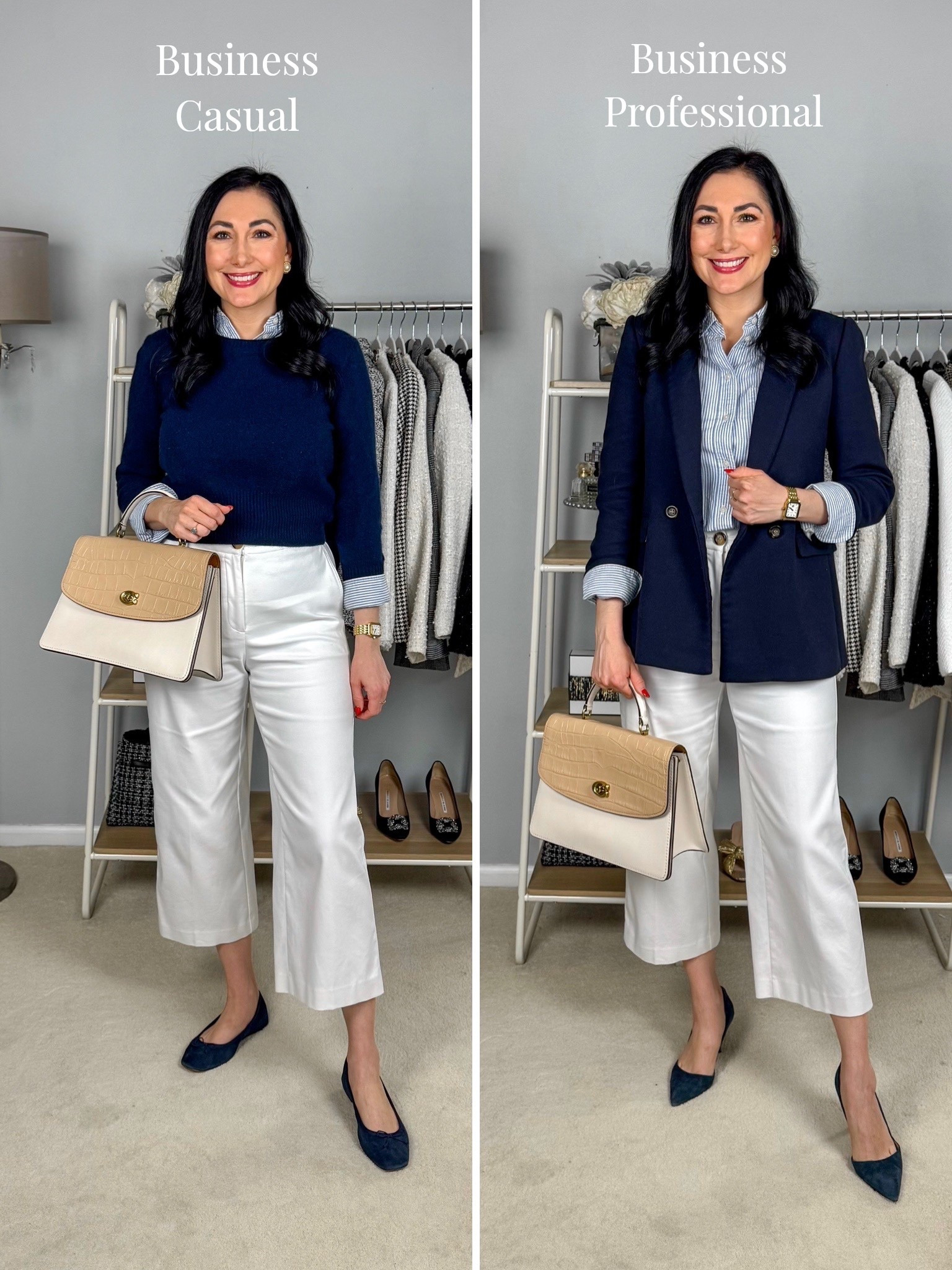 Business casual versus business professional 💙🤍 Comment WORK for my outfit details! 

For today’s looks, I styled very similar pieces with a couple differences to make them fit in either work setting. The sweater makes the outfit more casual but still office appropriate while the blazer adds a more professional element. These outfits fit more with the general definitions of both work attires and of course can vary of what could be accepted pending each work environment. 


#workwear #businesscasual #businessprofessional #workoutfits #workwearwednesday 

#LTKWorkwear #LTKSeasonal #LTKootd