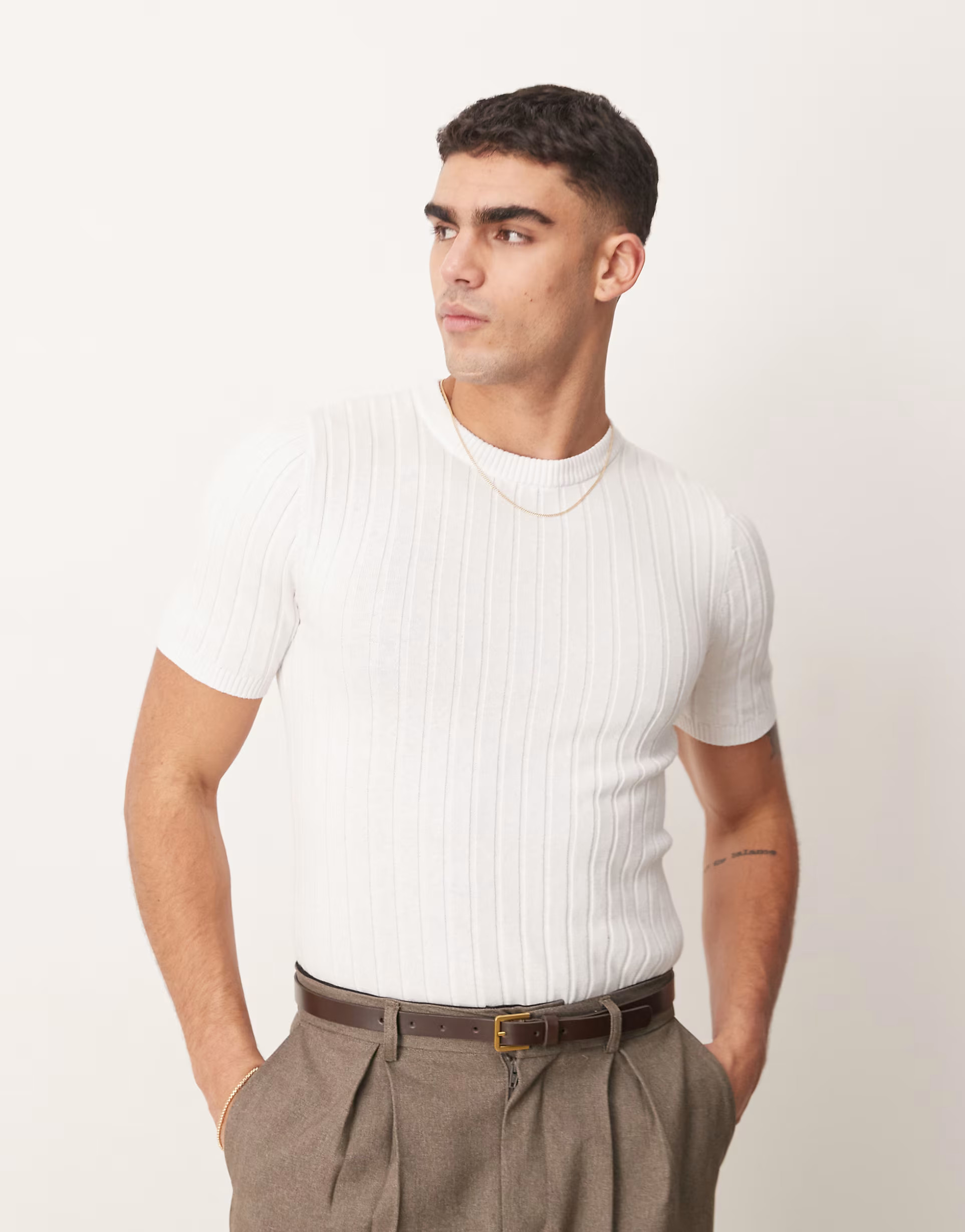 ASOS DESIGN muscle fit lightweight knitted rib t-shirt in white | ASOS (Global)