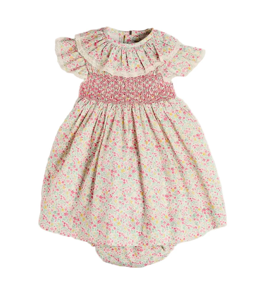 Pepa London Adelaide Floral Hand Smocked Ruffle Collar Cap Sleeve Dress With Bloomers in Pink | JoJo Mommy