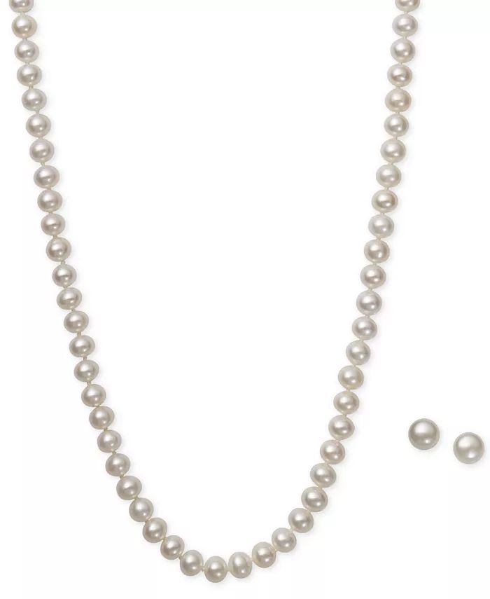 White Cultured Freshwater Pearl (6mm) Necklace and Matching Stud (7-1/2mm) Earrings Set in Sterli... | Macy's