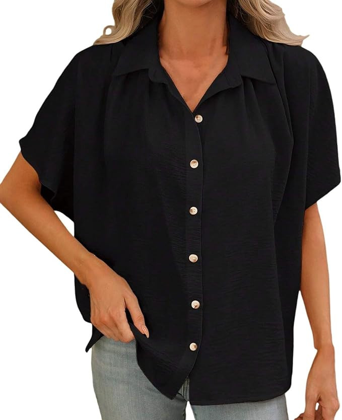 Womens Short Sleeve Shirts V Neck Button Down Tops 2025 Summer Casual Blouses | Amazon (US)