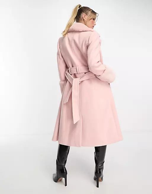 Ever New faux fur midi coat in powder pink | ASOS (Global)