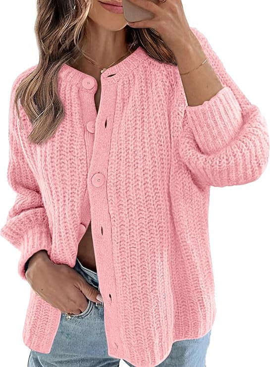 MEROKEETY Women's 2024 Long Sleeve Cardigan Sweater Crew Neck Button Ribbed Open Front Knit Outer... | Amazon (US)