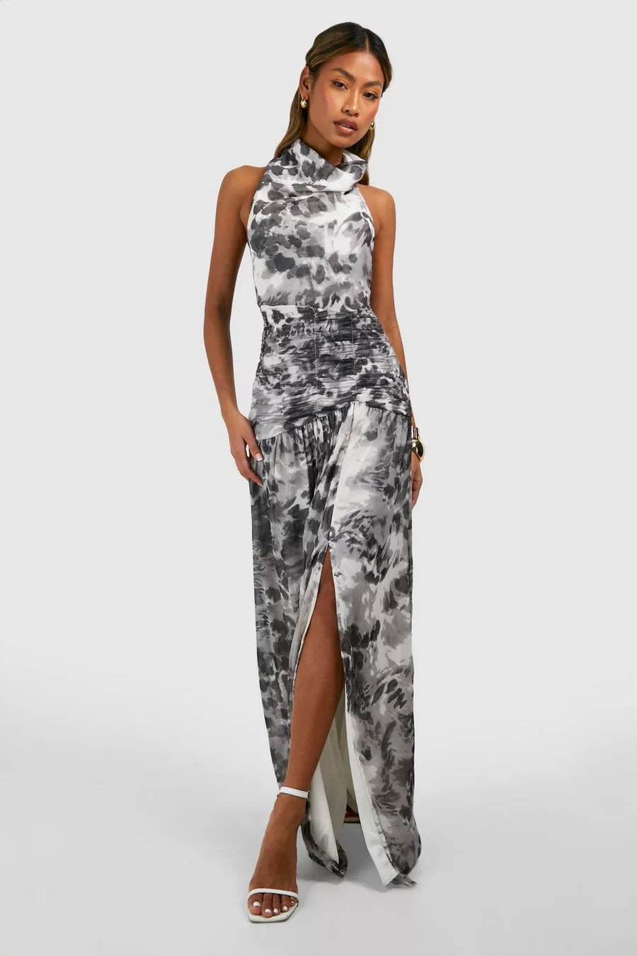 Chiffon Maxi Leopard Print Halter Dress | boohoo (US & Canada)