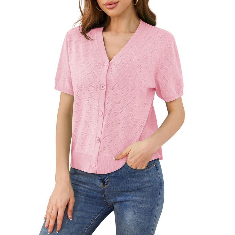 Uvplove Women's V Neck Crochet Knit Cardigan Short Sleeve Open Front Button Down Hollowed Out Sof... | Walmart (US)